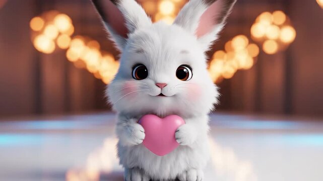 Adorable 3D animation of a fluffy white bunny holding a pink heart shape, perfect for Valentine's Day, Easter, or romantic greeting cards.