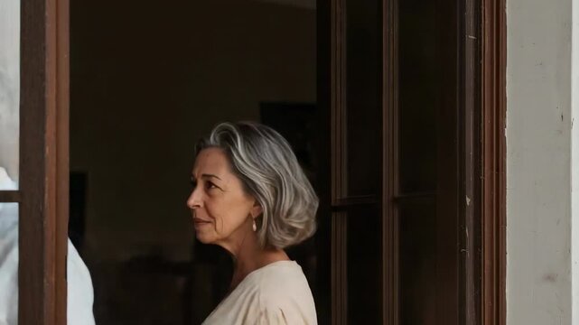 Standing senior couple responding to door opening, exchanging soft glances, man exiting doorway