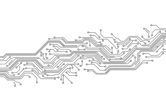 A black and white illustration of a complex circuit board design on a plain white background