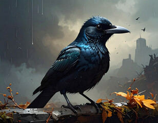 Fototapeta premium A black bird is sitting on a branch. The bird is looking at the camera. There are other birds in the background