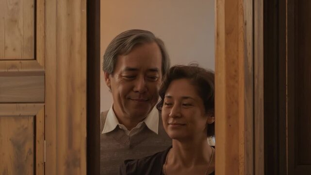 Peering senior couple exchanging gentle glances at home, sharing quiet intimacy through doorway gap