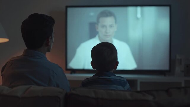 TV playing man in white shirt, adult button-up and child striped shirt sitting couch, watching show
