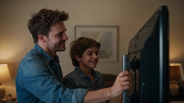Noticing tilted screen, father and son in denim shirts adjusting mount knobs at home, securing TV