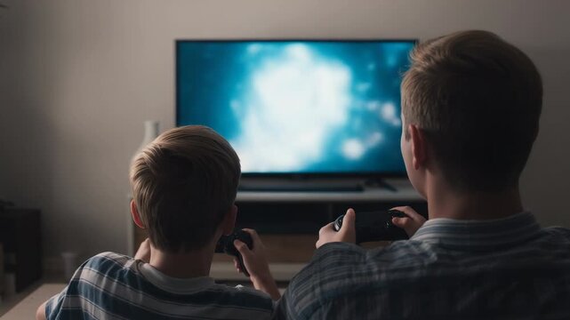 Tapping controllers dad, son in striped, plaid tops reacting to TV loading on couch, blue glow