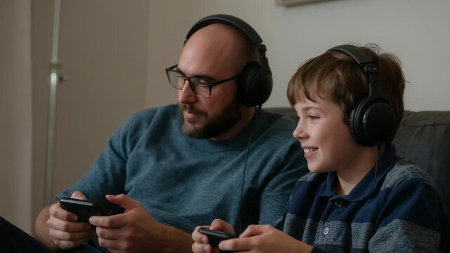 Starting gameplay father in blue sweater son in striped top playing phones on couch with headphones