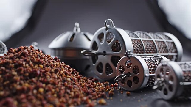 Close Up Of A Pile Of Birdseed And Several Metal Feeders On A Dark Surface With Soft Lighting