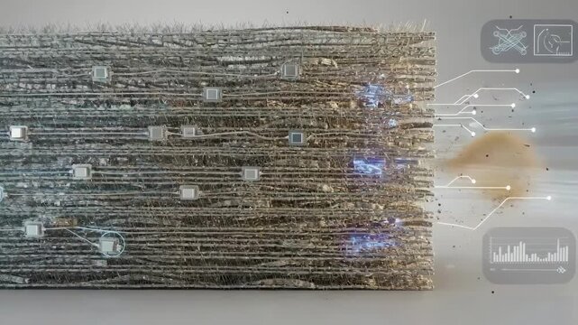 Medium shot of industrial air filter fabric woven with smart sensors detecting pressure changes and clog buildup for enhanced air purification efficiency.