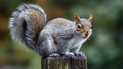 Obraz premium A gray squirrel covered in snow sitting on a wooden post outdoors