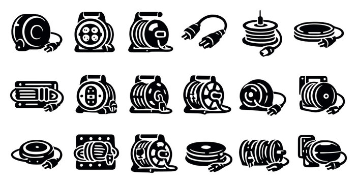 Cable Reels for Home Use in outline style: retractable cord reel, home extension reel, garden tool cord reel, home appliance power cable, light fixture wire. Vector icons