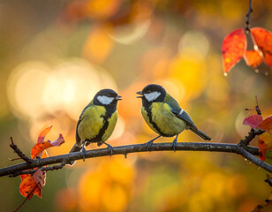 Fototapeta premium Two birds are sitting on a branch. One is yellow and the other is green. The birds are facing each other