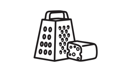 A grater and a block of cheese are depicted in a simple line drawing on a plain background from a straightforward viewpoint