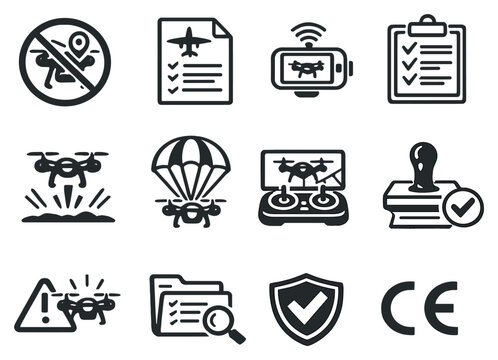 Regulation and Safety in Drone Delivery in outline style: no fly zone sign, aviation compliance document, remote ID tag, safety checklist, emergency landing. Vector icons
