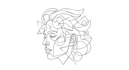 Continuous line drawing of a woman's face with abstract geometric shapes and flowing hair, showcasing artistic expression and creative design