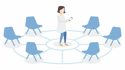 Fototapeta premium Woman leads meeting with smartphone in modern office space