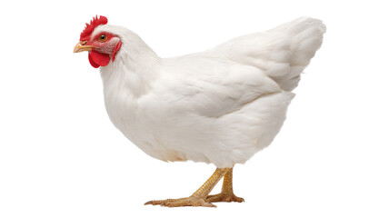 Fototapeta premium White chicken with red comb standing against white background