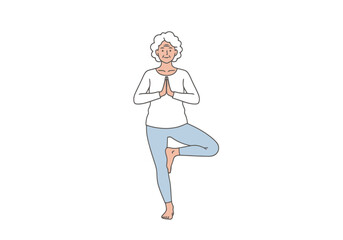 Elderly Woman Practicing Tree Pose With Hands Pressed Together in Meditation and Wellness Activity on Isolated Background