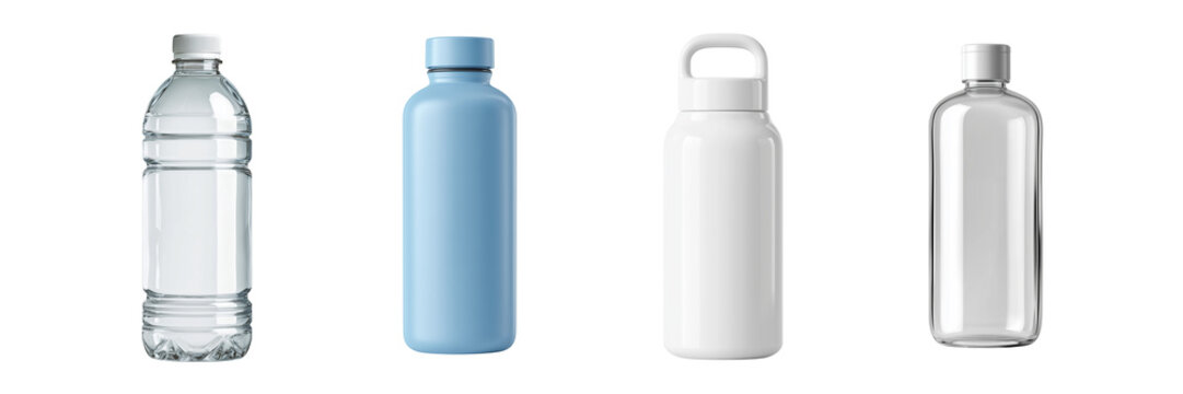 Four different reusable water bottles and plastic bottle isolated on a transparent background container