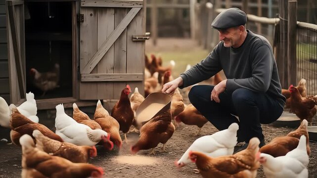 A middle-aged man in a flat cap crouches down, feeding a group of brown and white chickens gathered around him in an outdoor enclosure.