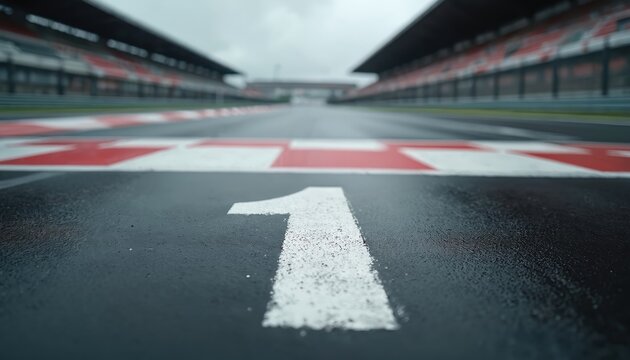 Race track starting line marked with number one. Wet asphalt surface, checkered curbs, grandstands visible in background. Start of competition, speed, ambition.