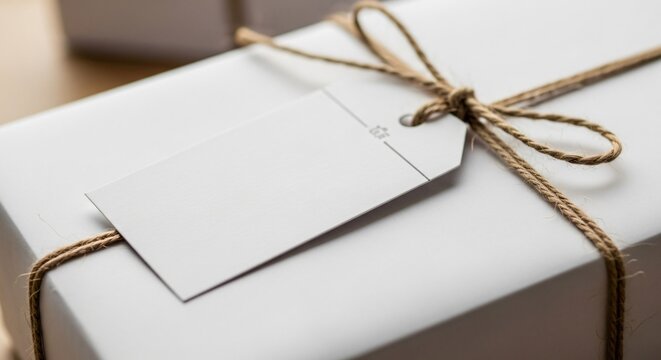 Closeup of a simple white gift box tied with natural twine and a blank gift tag, ready for a personal message or branding
