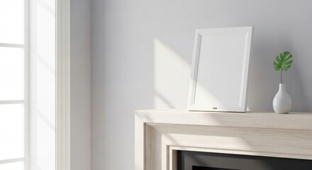 Fototapeta premium Empty white photo frame standing on a light wood fireplace mantel with a minimalist plant in a vase, bathed in natural light