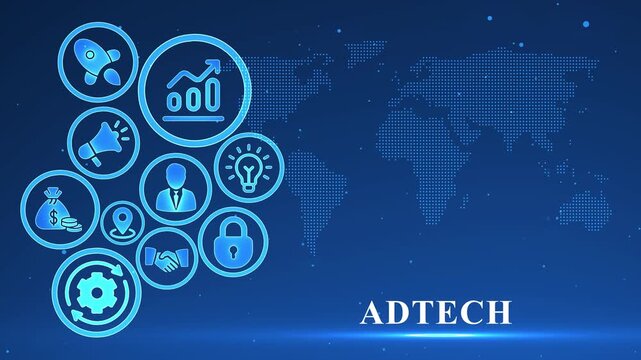 Adtech Technology Icons and World Map on Blue Background with Digital Dots and Glowing Text advertising