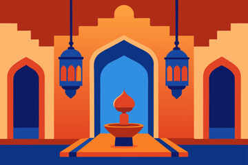 Moroccan Riad Courtyard With Mosaic Tiles And Lanterns