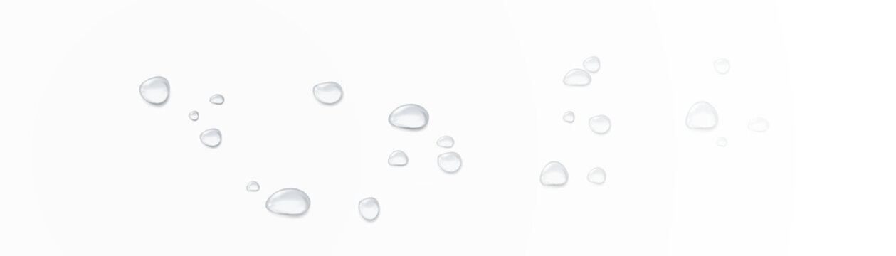 Realistic water drops on a transparent background, condensation on the surface with light reflection and shadow, vector, png, 3D effect.	
