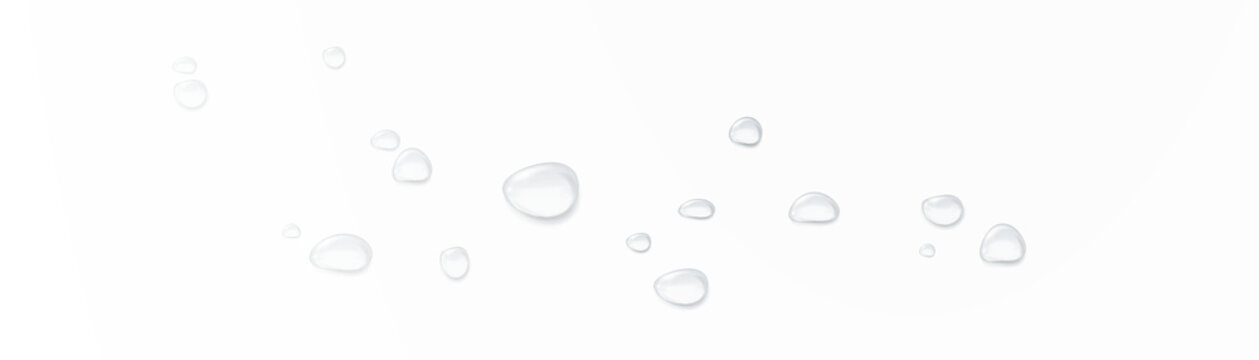 Realistic water drops on a transparent background, condensation on the surface with light reflection and shadow, vector, png, 3D effect.	
