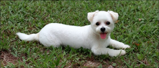 Cute havanese dog lying on grass with tongue out looking at the camera in a sunny outdoor setting