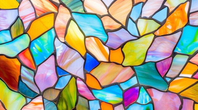 Colorful stained glass mosaic displays a variety of shapes and hues, including blue, orange, green, and pink, arranged in an intricate design