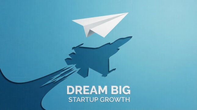 Soaring Ambition: A symbolic representation of limitless aspiration and ambitious dreams with a paper airplane and fighter jet streaking against a clear, azure sky background.