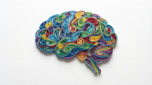 Brain of Thought: A colorful paper filigree brain, a vibrant representation of the power and intricacy of the mind, with intricate patterns, emphasizing mental and neural process.