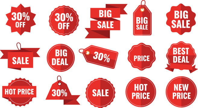 Red Sale Badges and Discount Labels Set with 30 Percent Off, Big Sale, Best Deal and Hot Price Tags