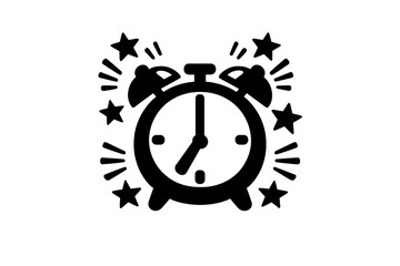 Black and white ringing alarm clock surrounded by sparkling stars and radiating lines