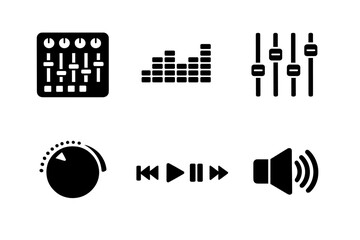 Set of audio mixer controls, sound equalizer bars, volume knob, and media player buttons