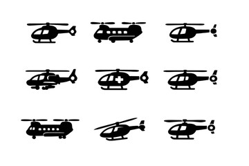 Various helicopter silhouettes including transport, military, and emergency rescue aircraft
