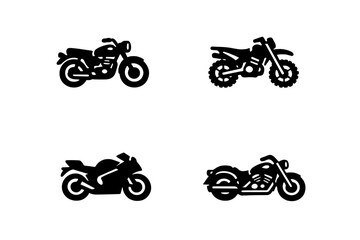 Naklejka premium Set of four stylized black motorcycle icons including cruiser, sport bike, dirt bike, and roadster