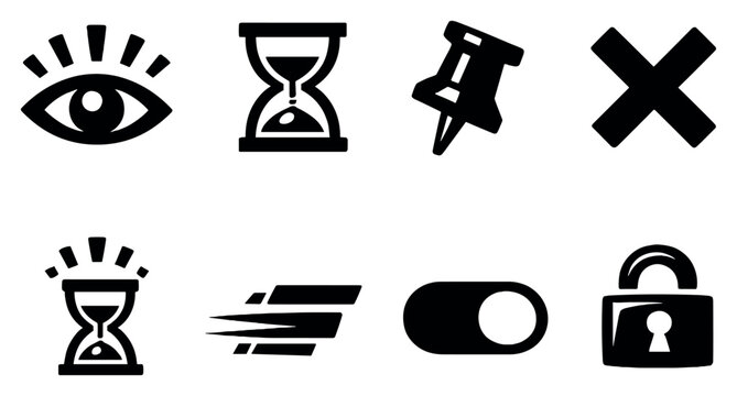 Tooltip states and behavior in bold style: appear fade in, delay timer, persistent pin, dismiss cross, auto hide icon, transition motion lines, state toggle. Vector icons