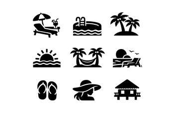 Obraz premium Tropical vacation and summer holiday symbols including palm trees, beach chairs, and swimming pool