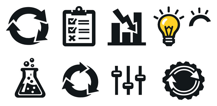 Continuous improvement cycle in bold style: feedback loop arrows, assessment clipboard, performance gap marker, idea lightbulb, experiment beaker, iteration. Vector icons