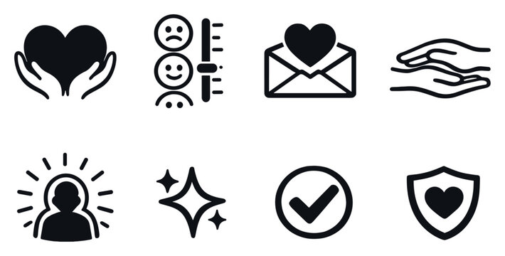 Emotional support and companionship in outline style: empathy heart, mood tracker, supportive message icon, reassurance hand, calm presence aura, encouragement. Vector icons