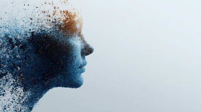 Abstract image of a human face dissolving into particles on white background