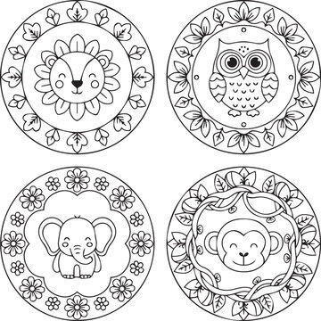 Jungle Friends Mandala Collection of Four Sweet Black and White Circular Designs Featuring a Lion, Owl, Elephant, and Monkey with Leafy and Floral Borders