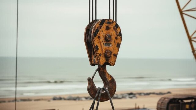 Crane hook over beach construction site with ocean waves in background
