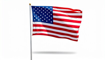 United States flag with thirteen red and white stripes and blue canton of fifty white stars, waving outdoors on flagpole.