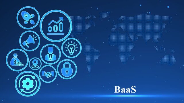 Blue digital icons representing business concepts and a world map on a dark blue gradient background with glowing particles