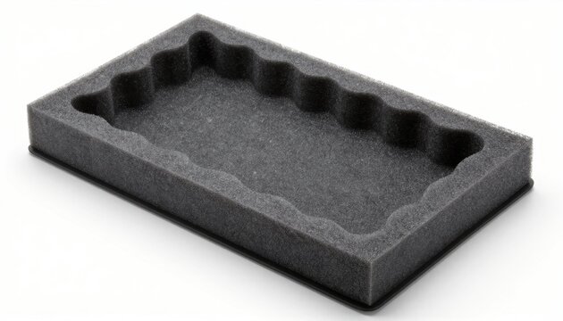 Creative design of a black foam tray for packaging studio setting product photography minimalist environment overhead view modern aesthetic