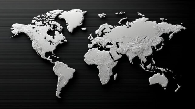 3D World Map in White Relief on Black Background, Detailed Geography Representation with Textured Features and Shadows for Enhanced Visual Depth and Clarity