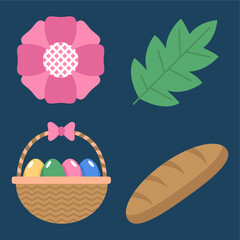 Flat Simple Easter Collection Flower Leaf Basket and Bread Illustration